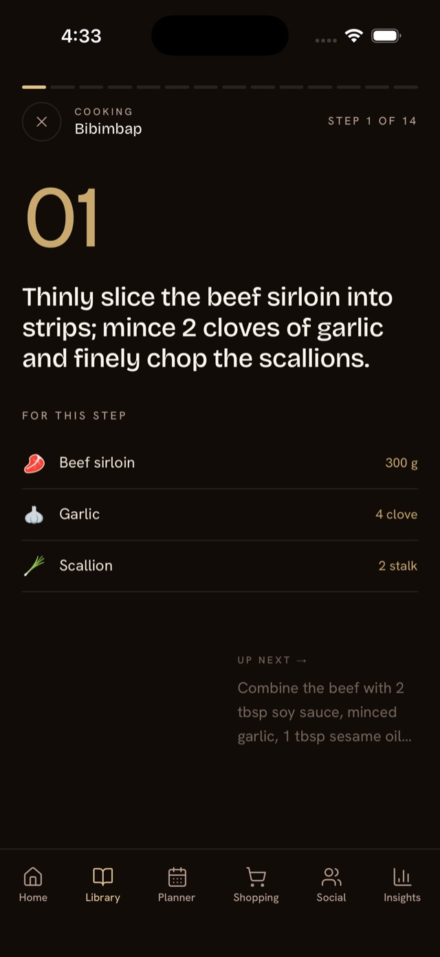 bolo cook mode showing step 1 of a recipe with its ingredients