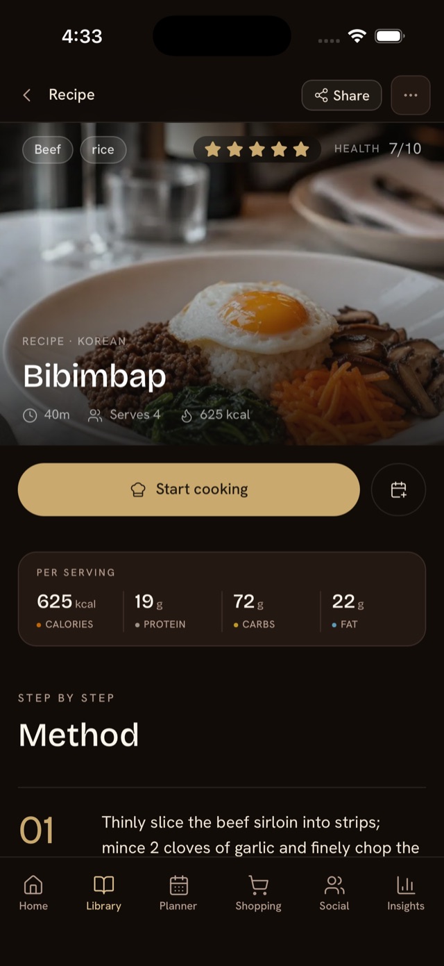 The imported recipe — Bibimbap, with nutrition and step-by-step method