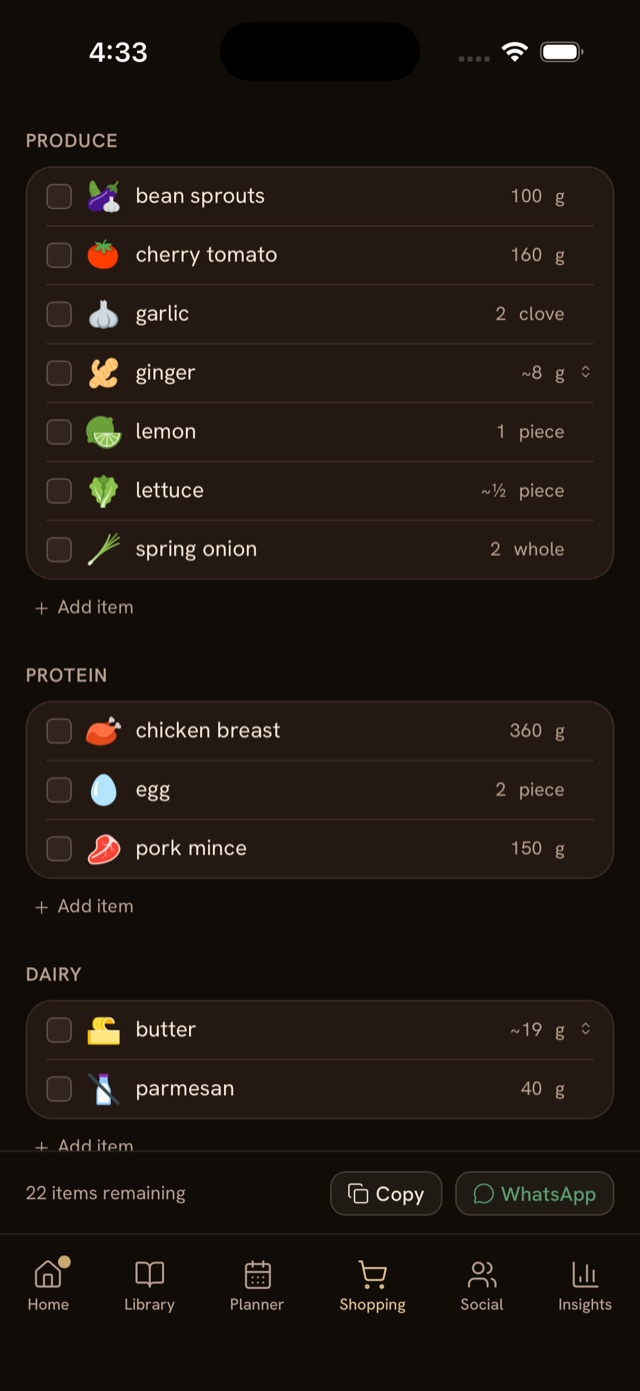 The bolo shopping list, merged and grouped by aisle
